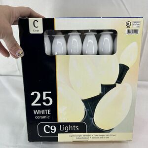 Vintage 25 White Ceramic C9 Christmas Lights Green Wire New